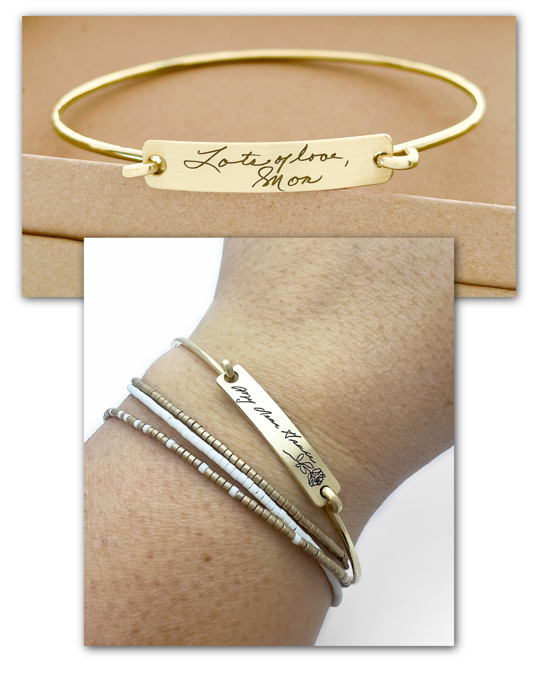 Gold bracelet with engraved message on a beige card, worn on wrist.