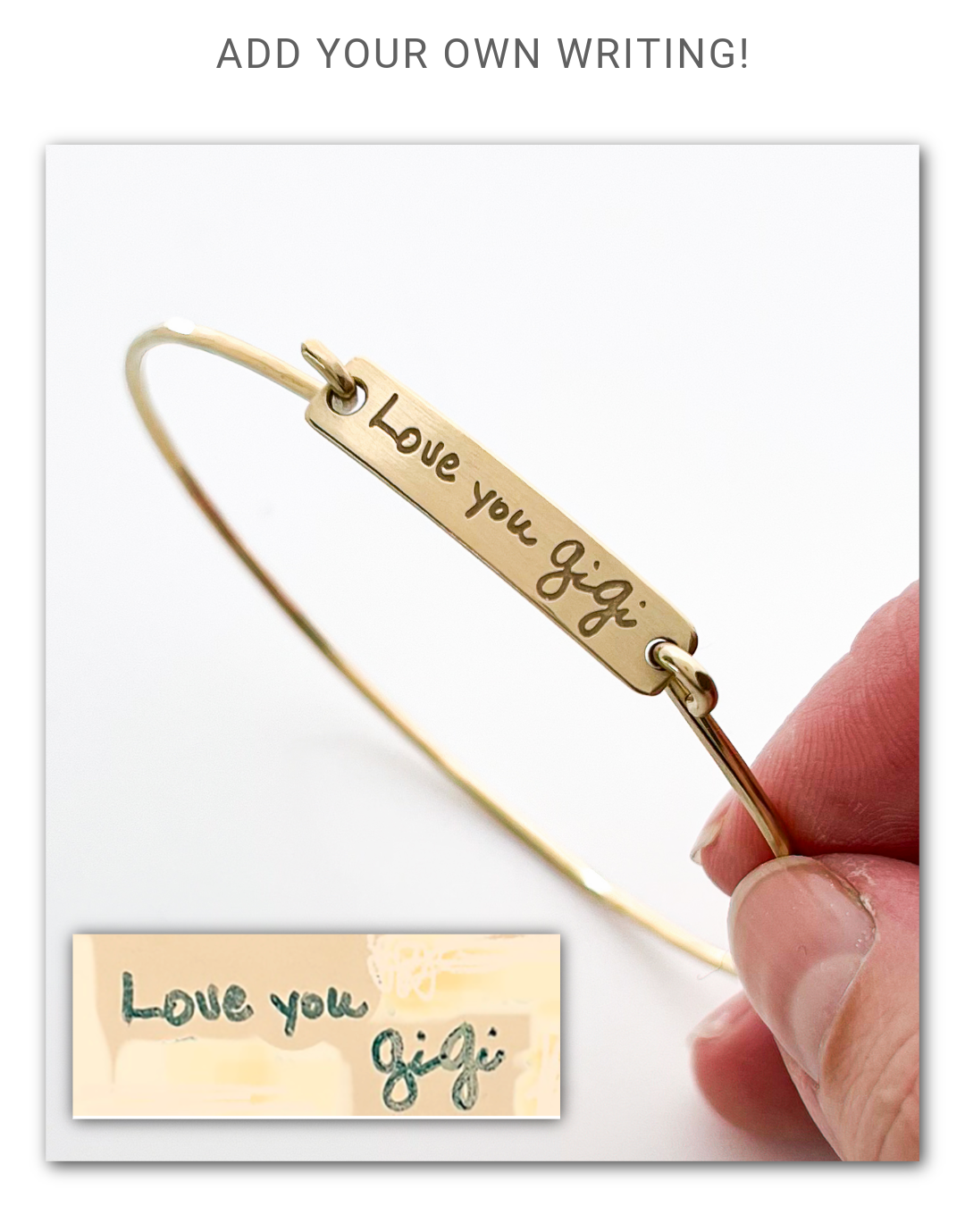 Gold bracelet with 'Love you, Gigi' engraving held by a hand on a white background.