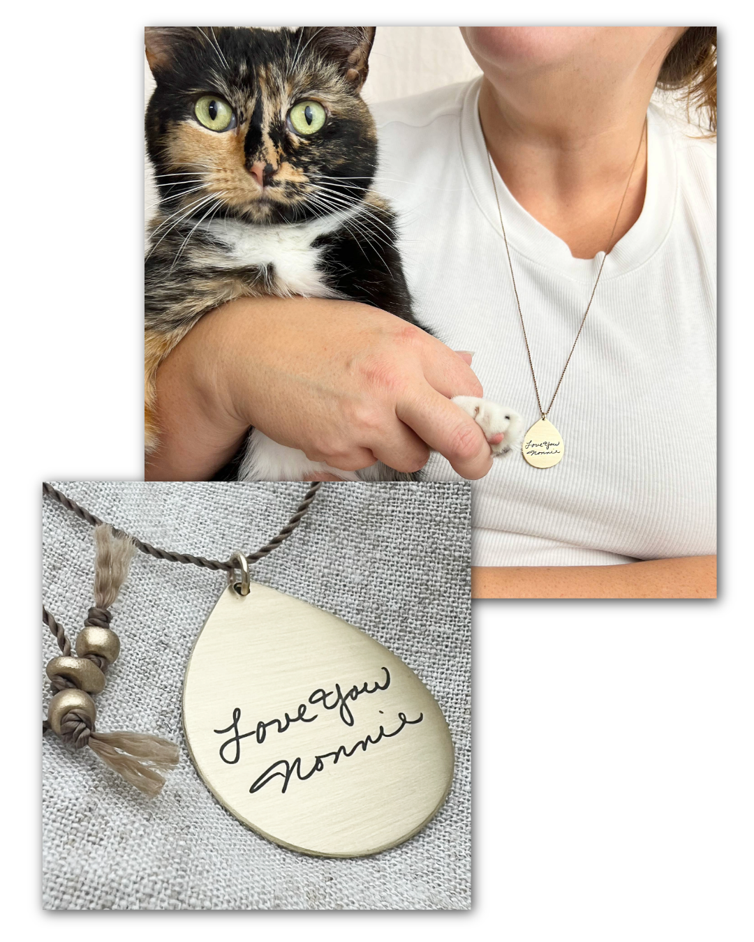 Person holding a cat with a necklace featuring a pendant that says 'Love you Nonnie'.