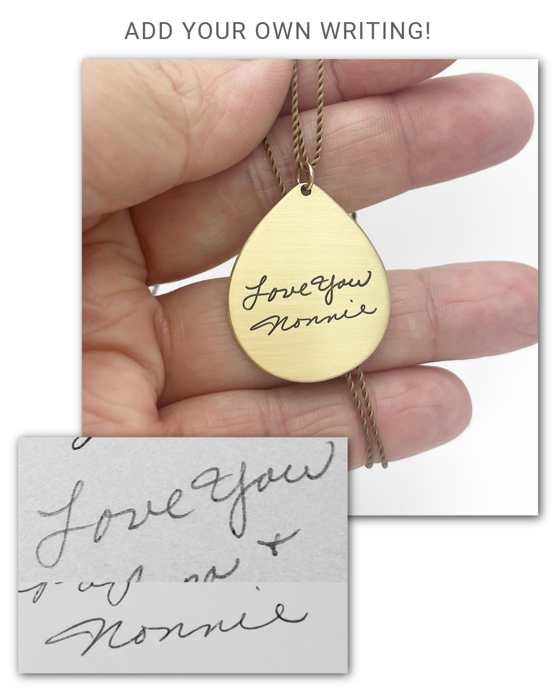Brass teardrop pendant with handwritten message 'Love you Nonnie' held by a hand, with the original handwritten card below.