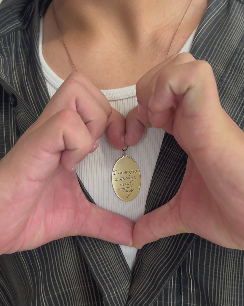 Casey memorial handwriting engraved pendant in brass - moving and modeled