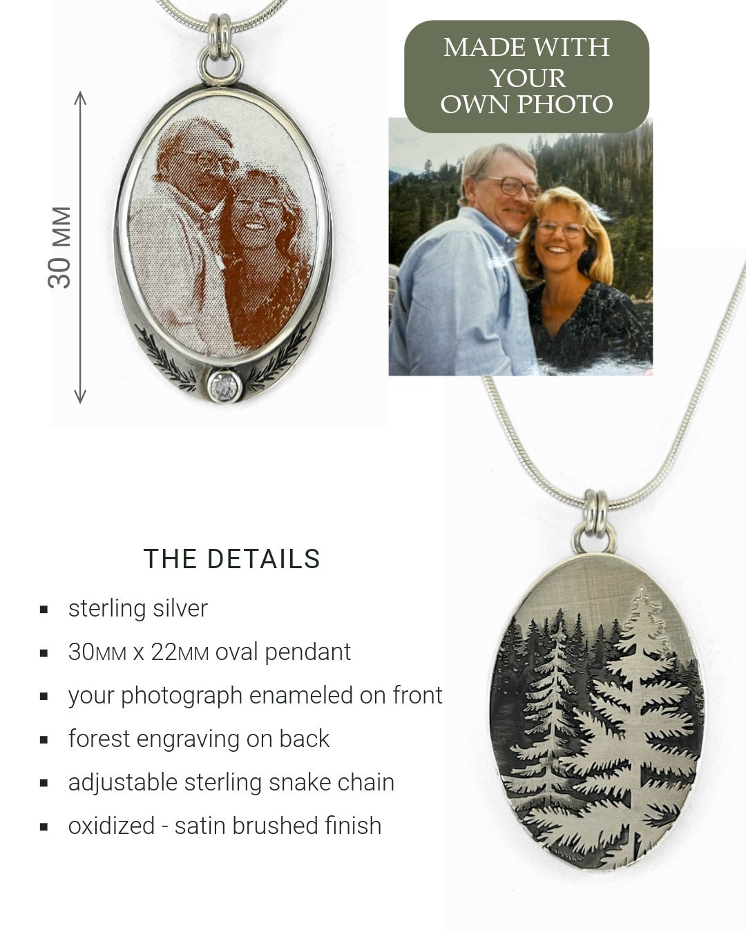 Silver pendant with photo engraving and forest design, featuring dimensions and details.