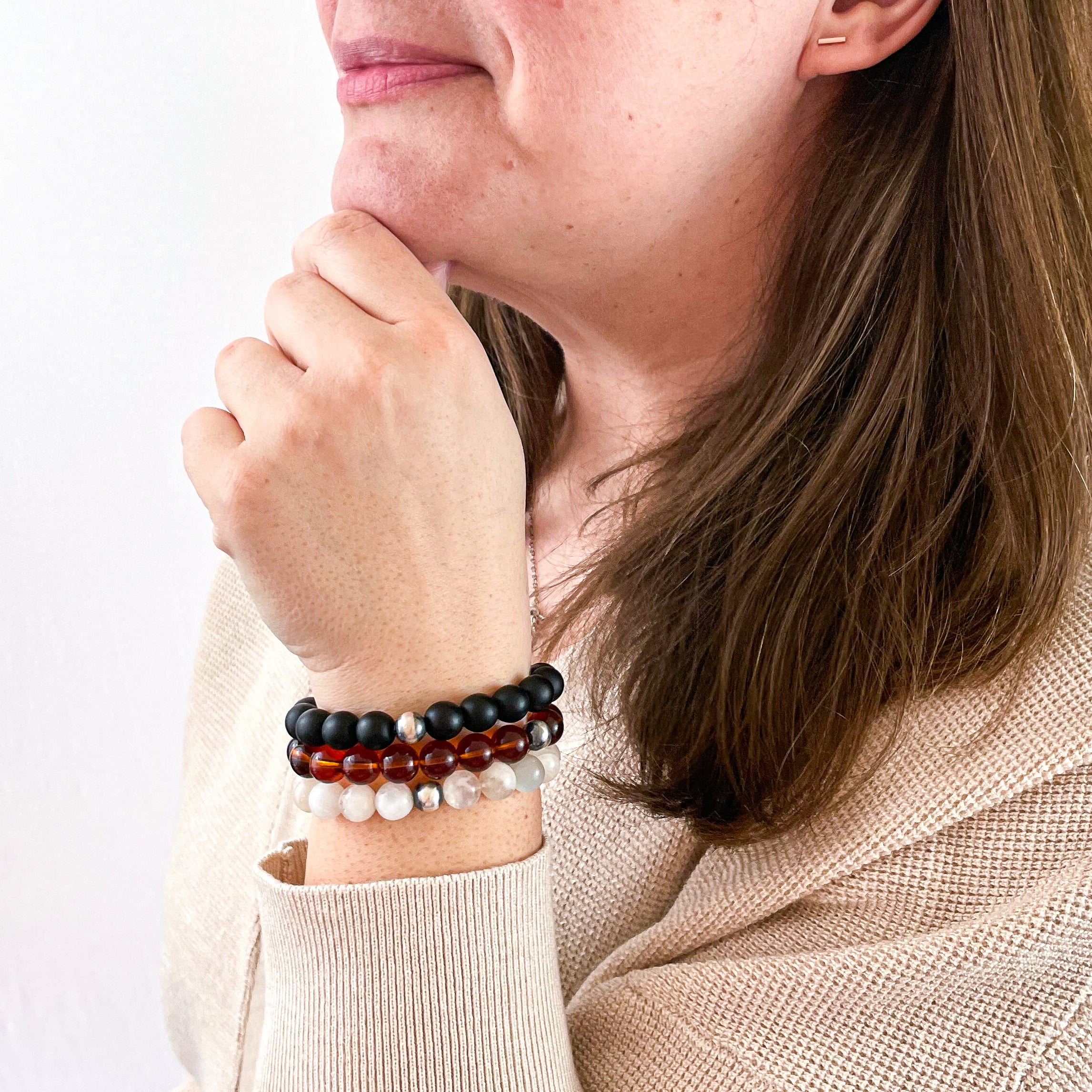 Amber Glass Sutton Bracelet | Woman Modeled Wrist Wear Jewelry | Scripted Jewelry