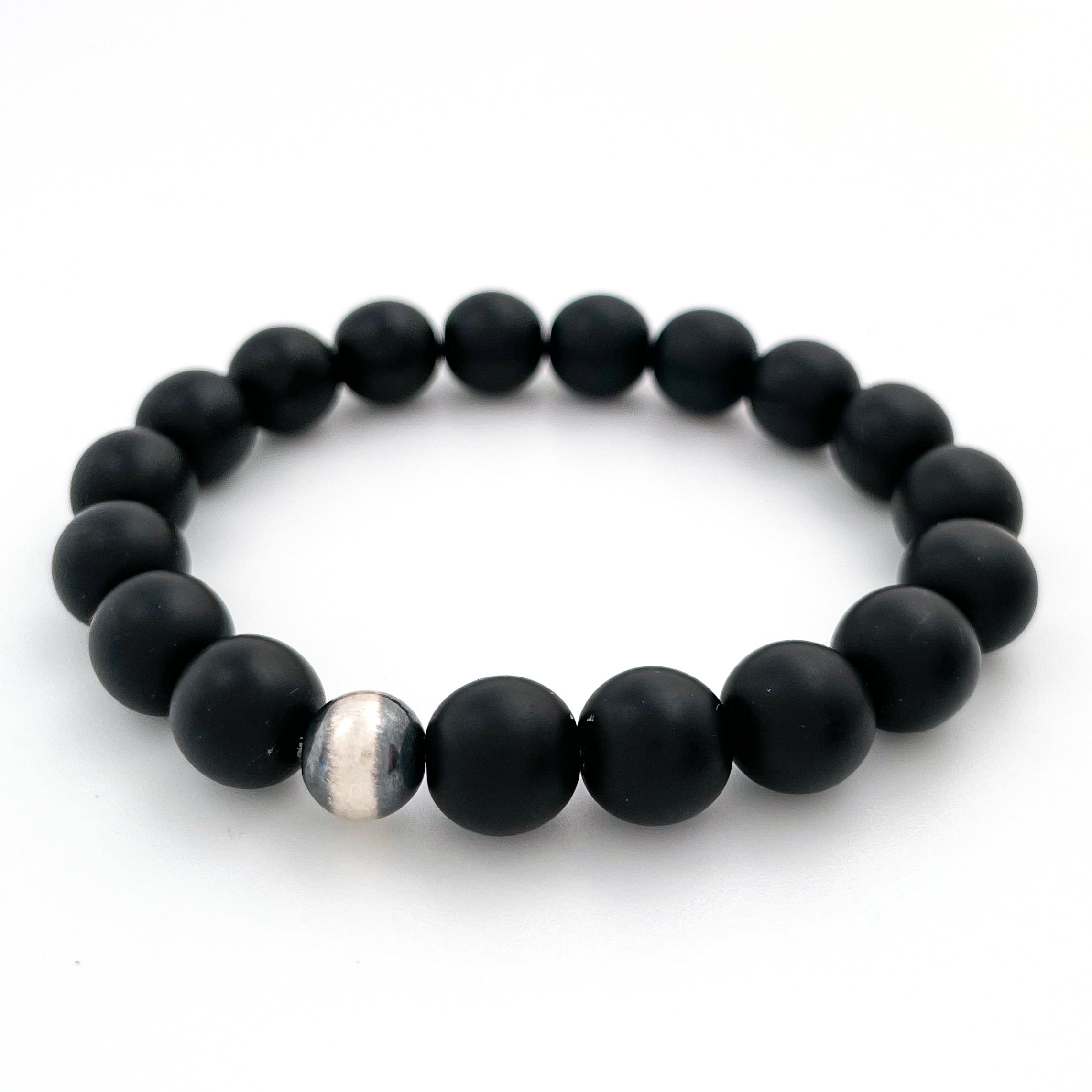 Black Glass Sutton Bracelet | Matte Black Glass Beads | Heavy Bracelet Unisex | Stretch Gemstone Bracelet | House of Jaco