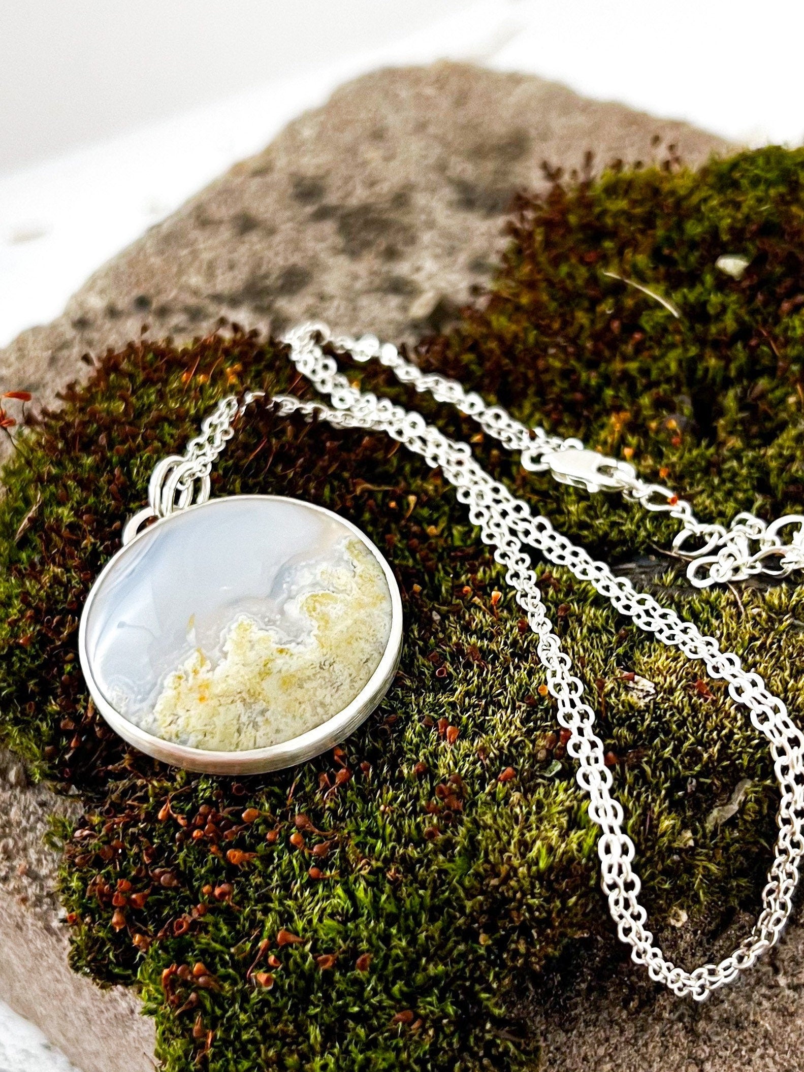 Fern Engraved Moss Agate Necklace