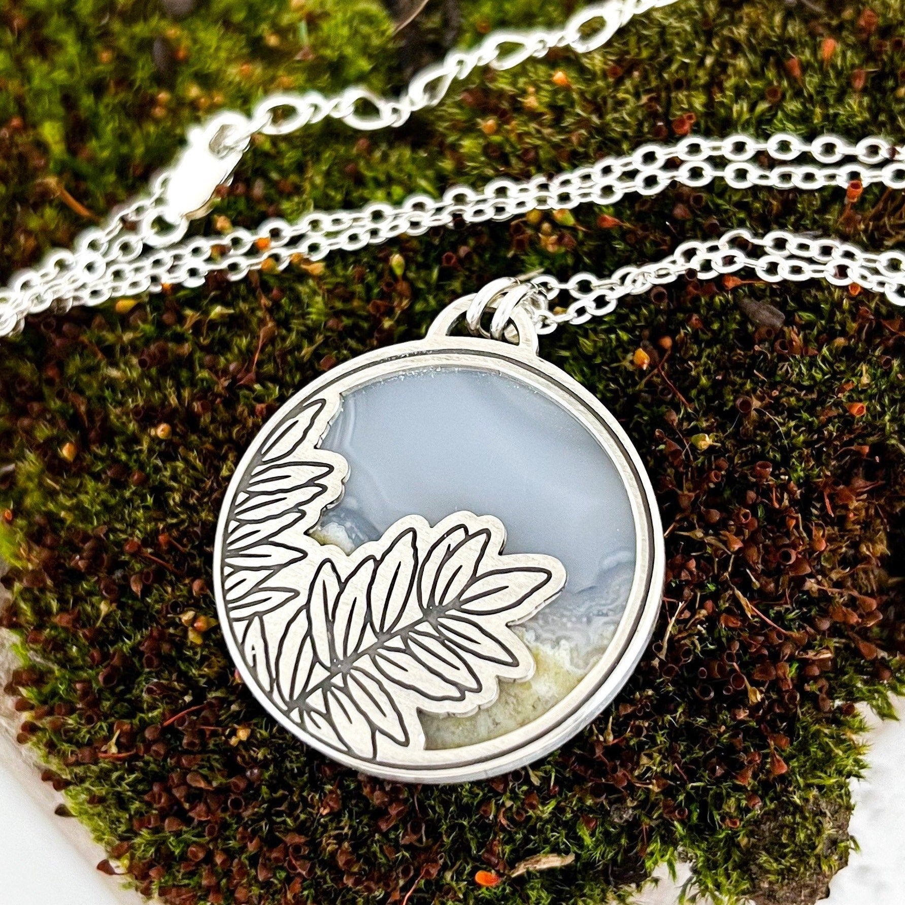 Fern Engraved Moss Agate Necklace