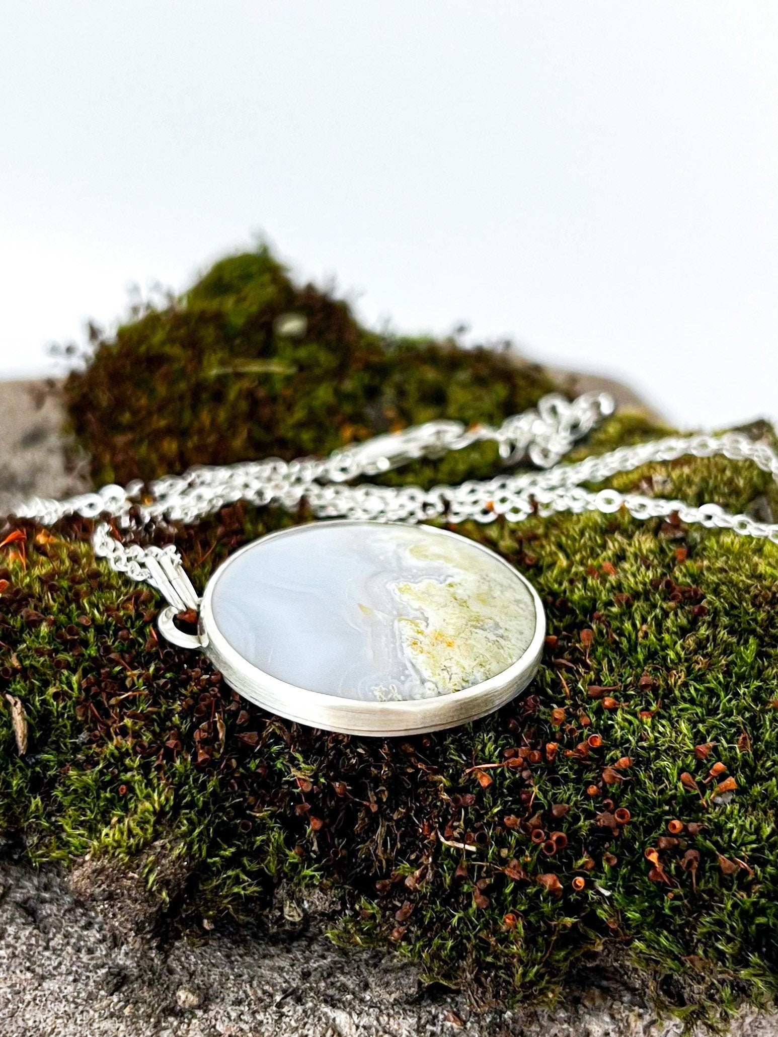 Fern Engraved Moss Agate Necklace