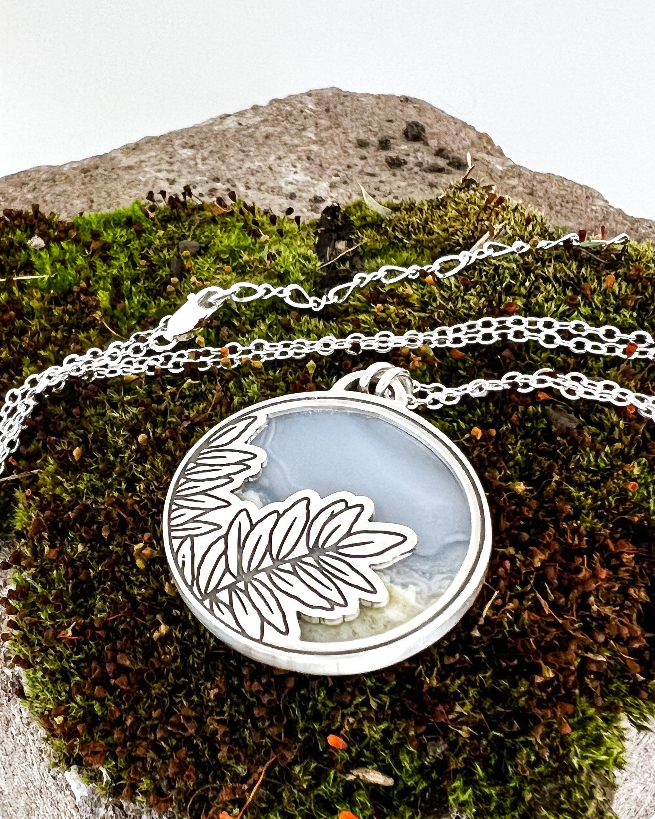 Fern Engraved Moss Agate Necklace