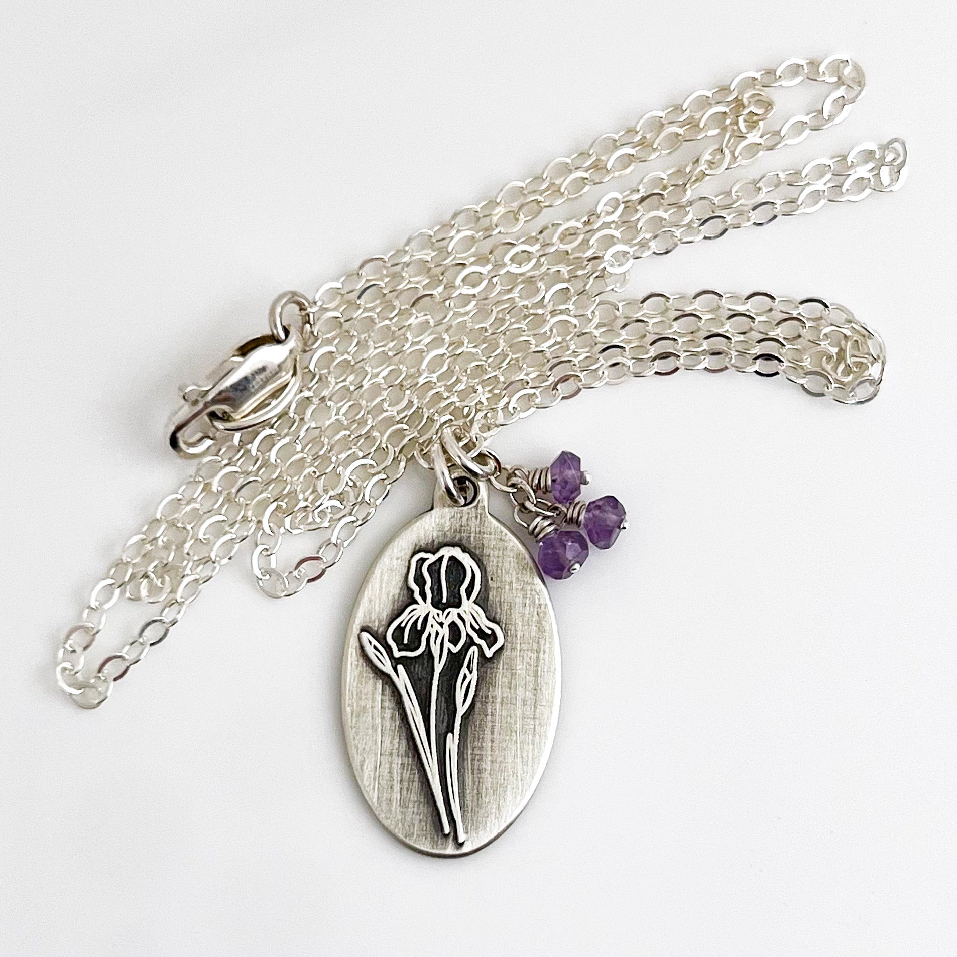 Iris Necklace | Birth Flower Engraved Necklace | Sterling Silver | Genuine Amethyst Birthstone | House of Jaco