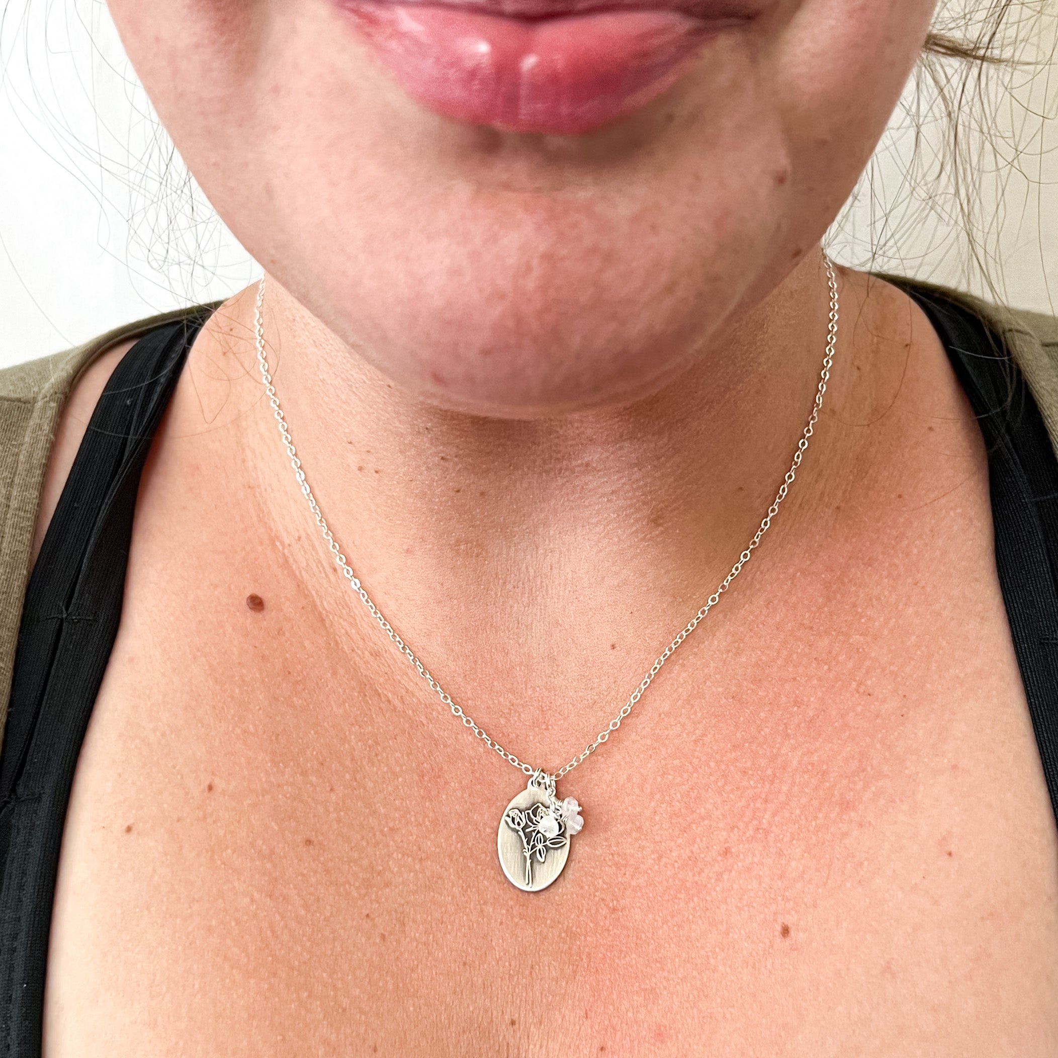 Rose Necklace | June Birth Flower | Genuine Moonstone Birthstone | Oxidized Sterling Silver Pendant | House of Jaco