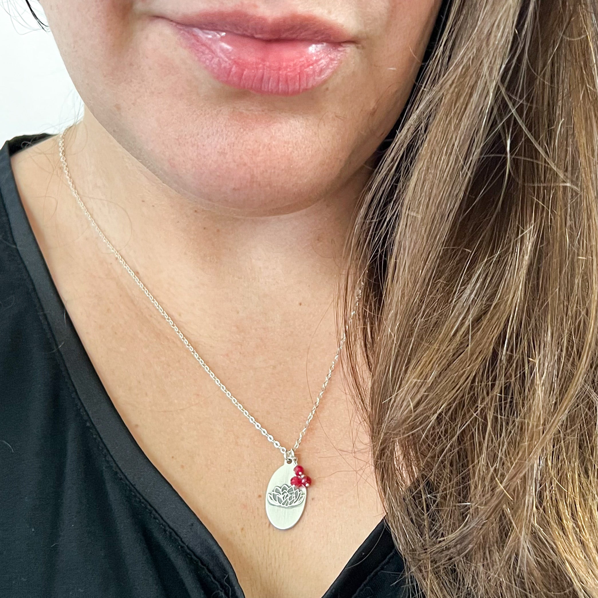 Water Lily Necklace | July Birth Flower Pendant | Oxidized Sterling Silver | Genuine Ruby Birthstone | Your Own Handwriting | House of Jaco