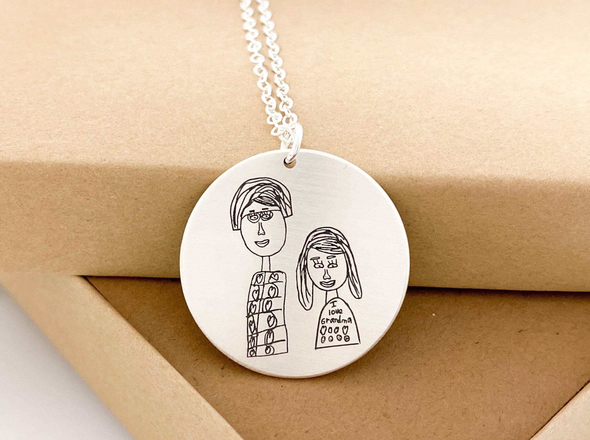 Lucy Necklace | Large Round Handwriting Pendant Engraved With Your Own Signatures, Doodles and Fingerprints | Scripted Jewelry