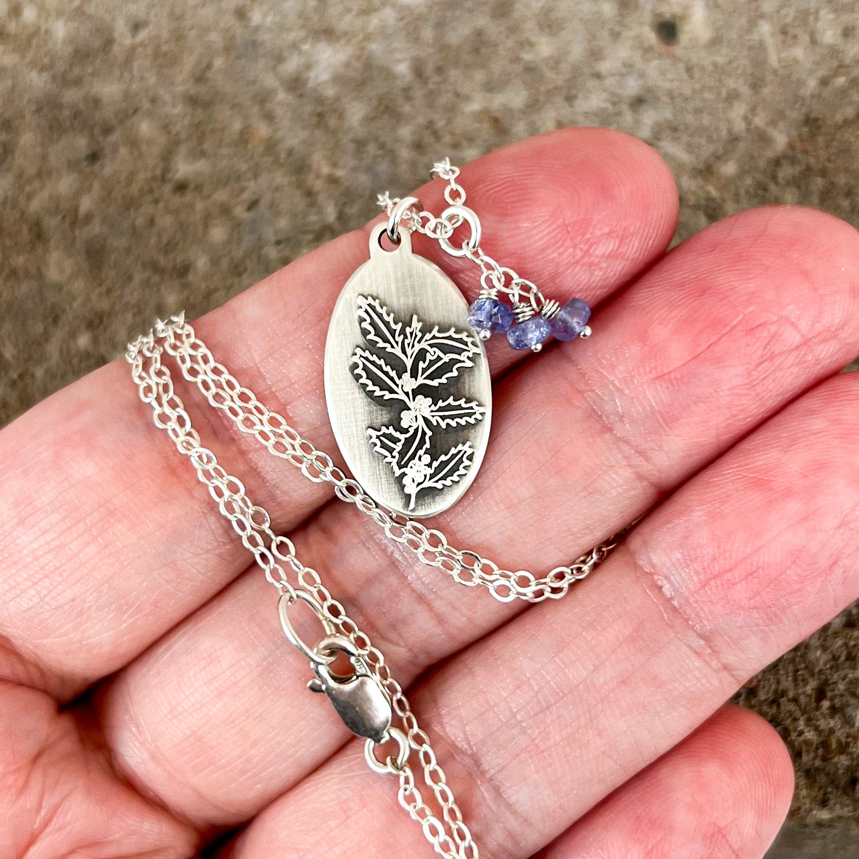 Holly Necklace | December Birth Flower Pendant | Genuine Violet Tanzanite Birthstone | Oxidized Sterling Silver | House of Jaco