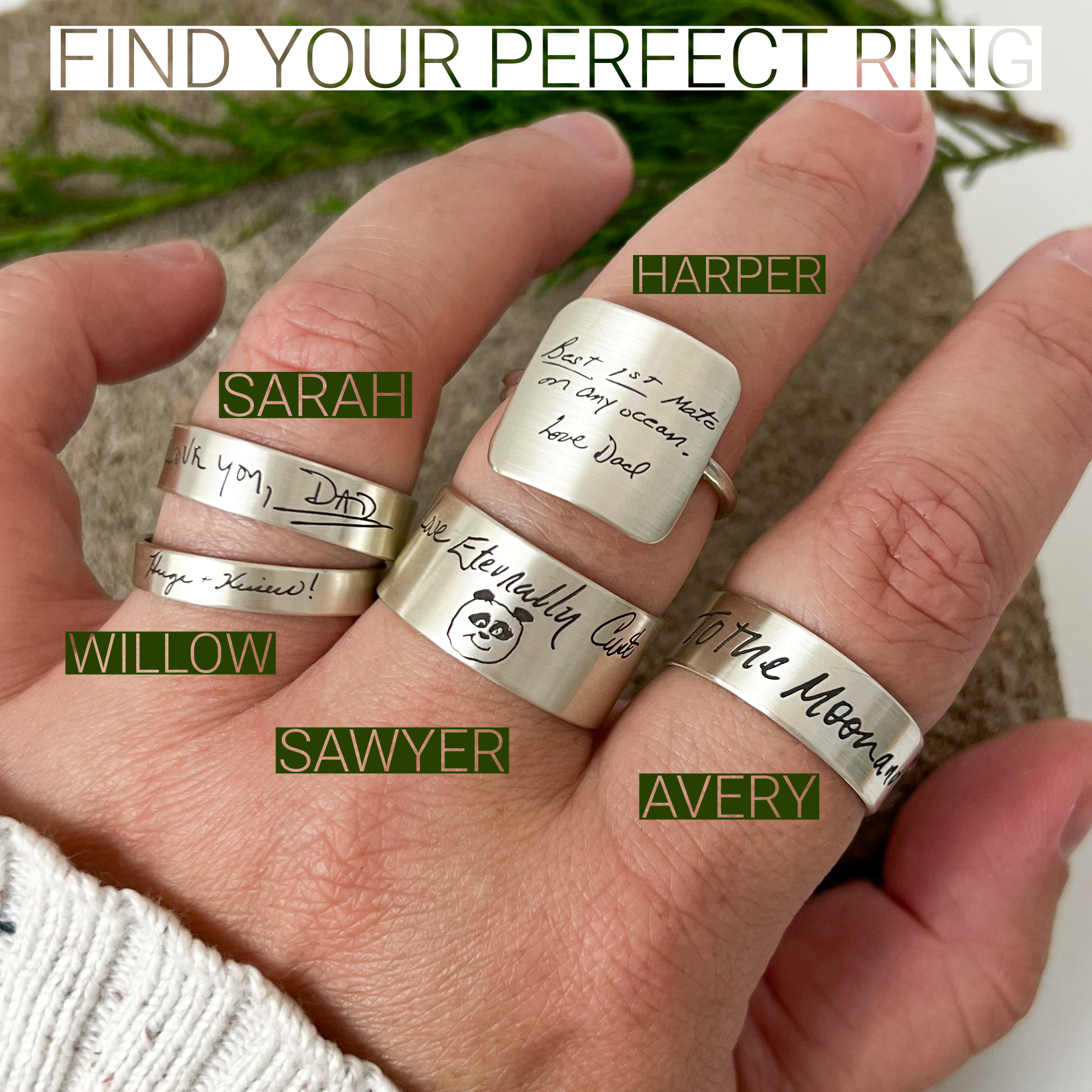 Sawyer Ring | Thick Sterling Silver Memorial Ring | Personalized With Your Own Handwriting, Signatures and Fingerprints| Unisex | Scripted Jewelry