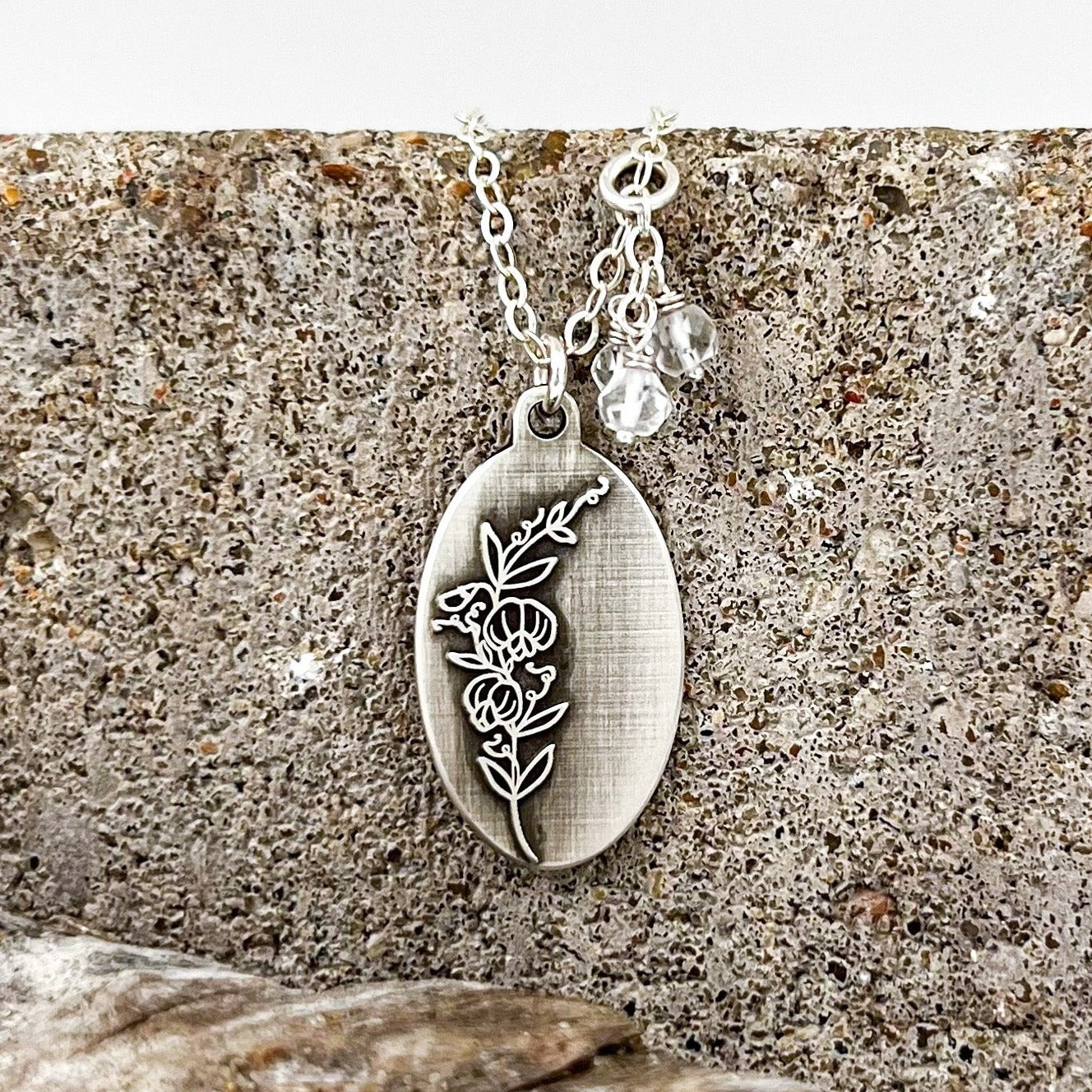 Sweet Pea Necklace | April Birth Flower Pendant | Genuine Clear Quartz Birthstone | Oxidized Sterling Silver | House of Jaco