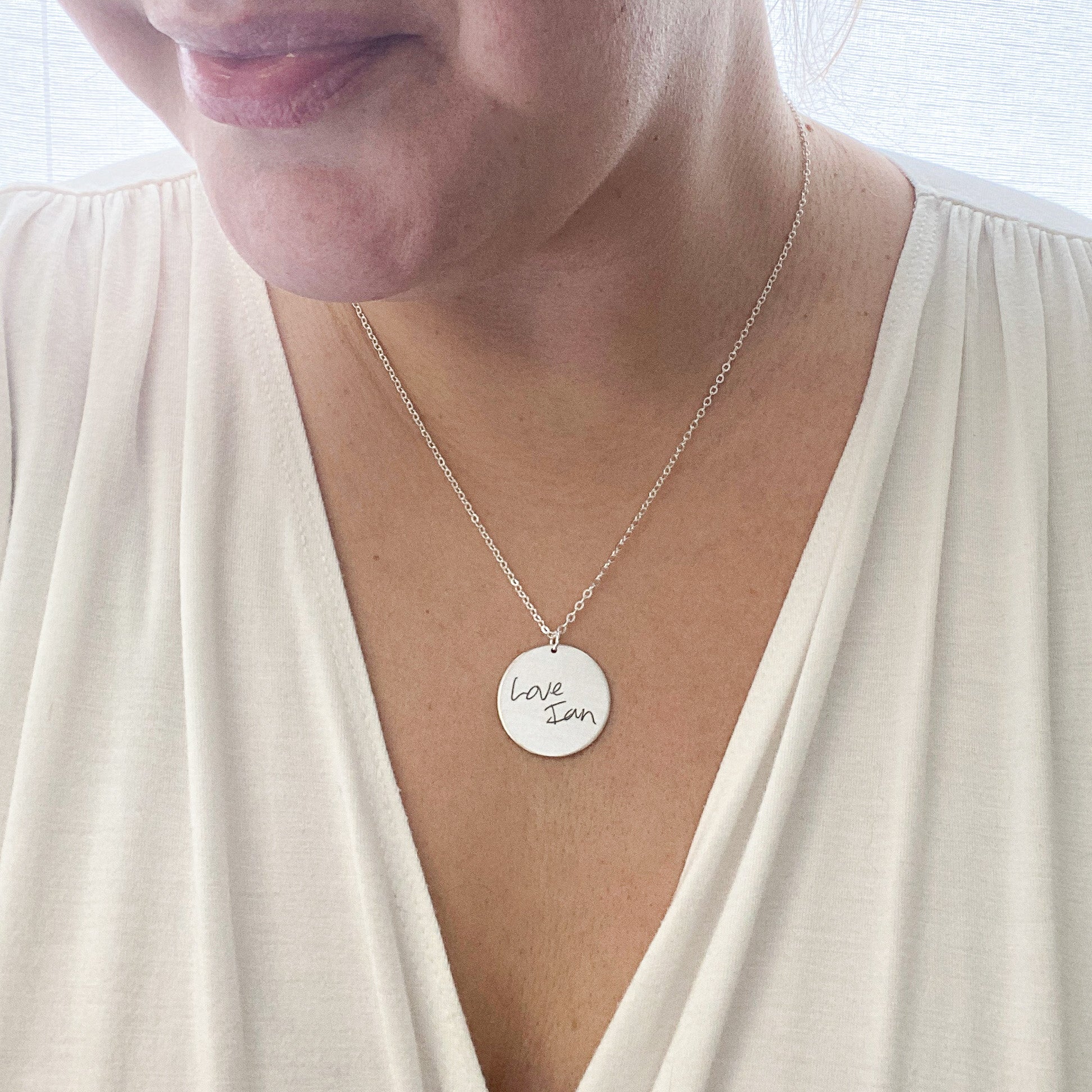 Lucy Necklace | Large Round Handwriting Pendant Engraved With Your Own Signatures, Doodles and Fingerprints | Scripted Jewelry