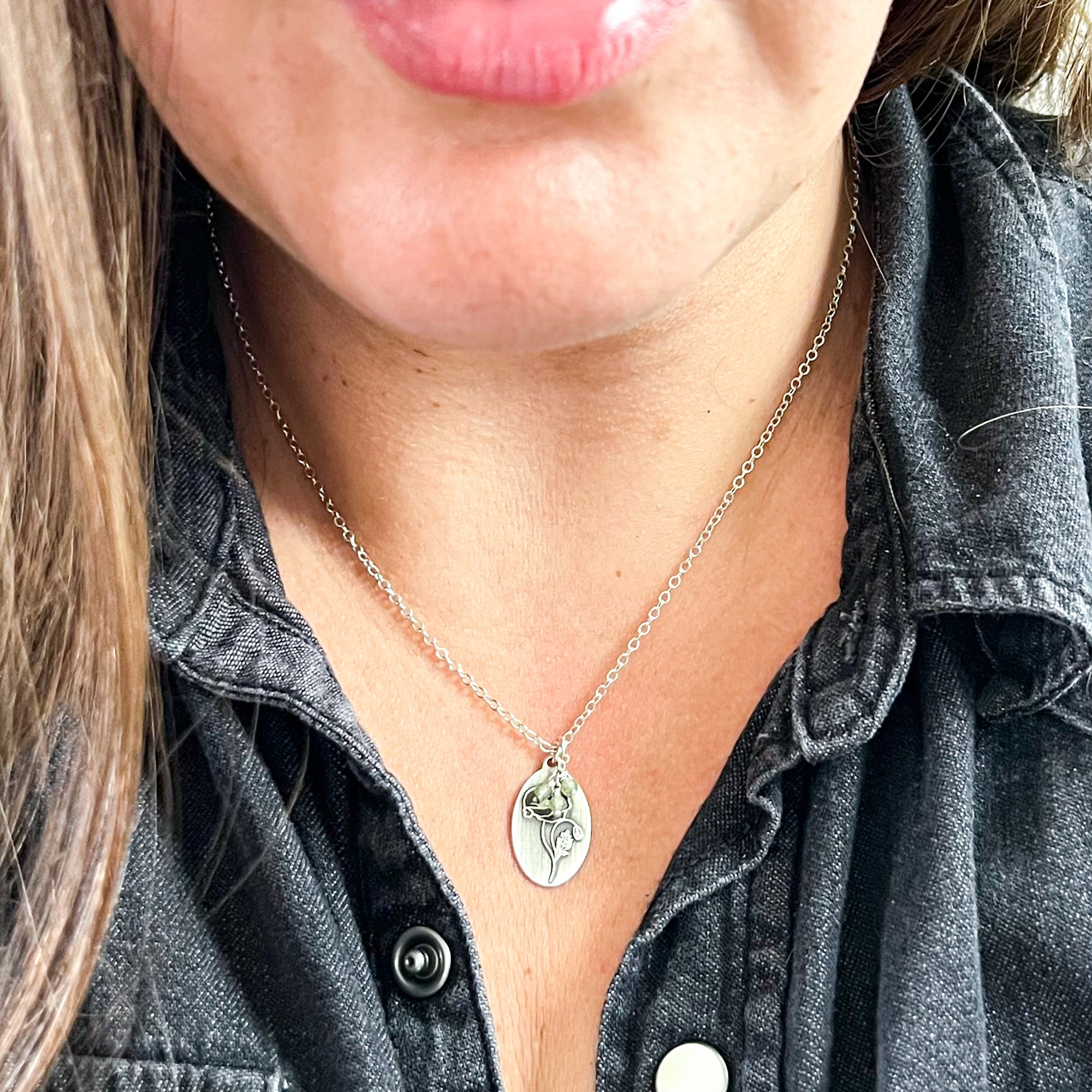 Poppy Necklace | August Birth Flower Pendant | Genuine Light Green Peridot Birthstone | Oxidized Sterling Silver | House of Jaco