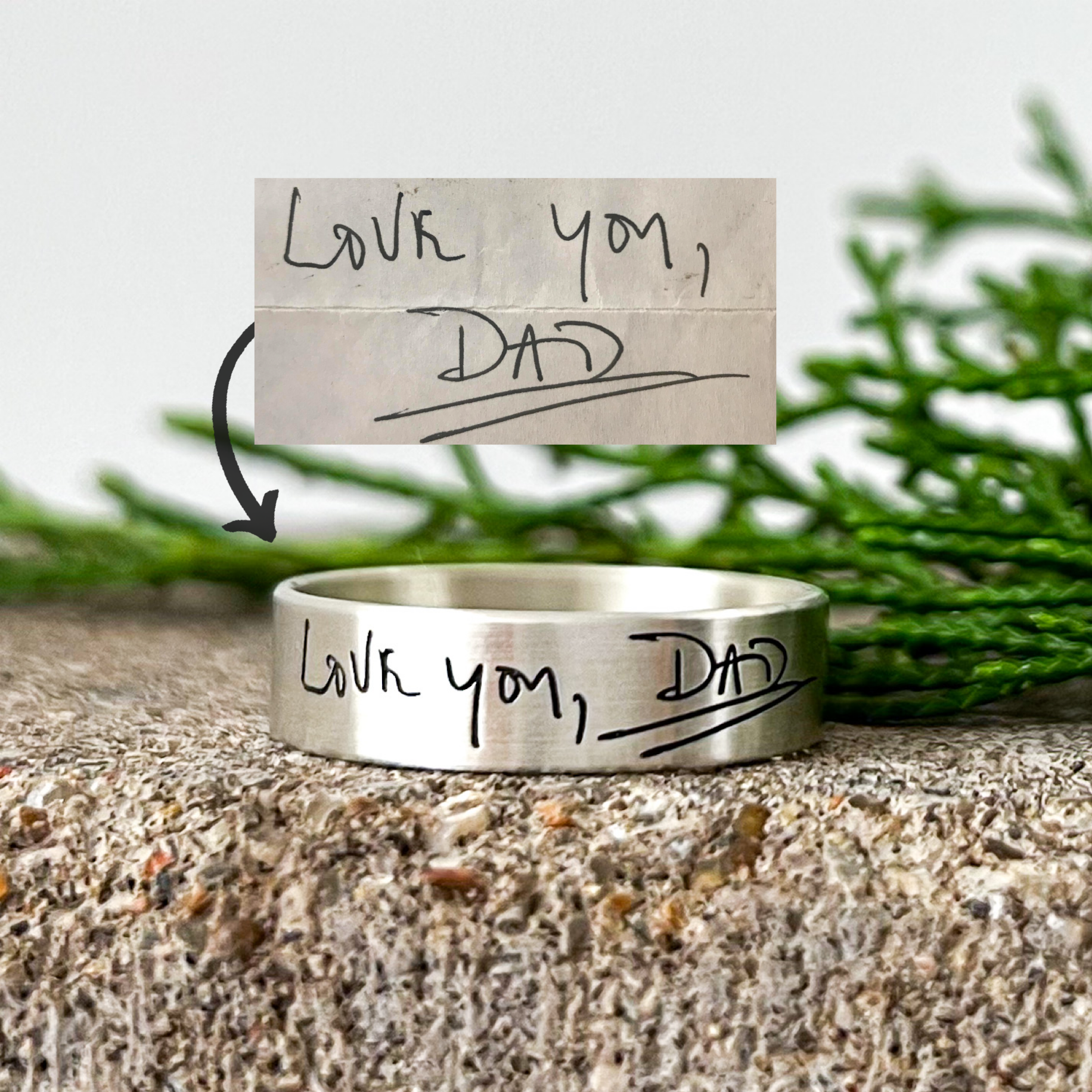 Sarah Ring | Thin Sterling Silver Memorial Ring | Personalized With Your Own Handwriting, Signatures and Fingerprints| Unisex | Scripted Jewelry